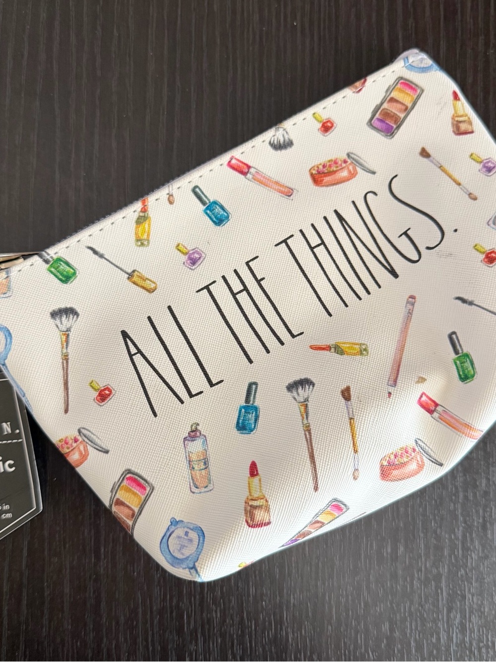 RAE DUNN "All The Things" Cosmetic Bag Small White Makeup Graphic NWT